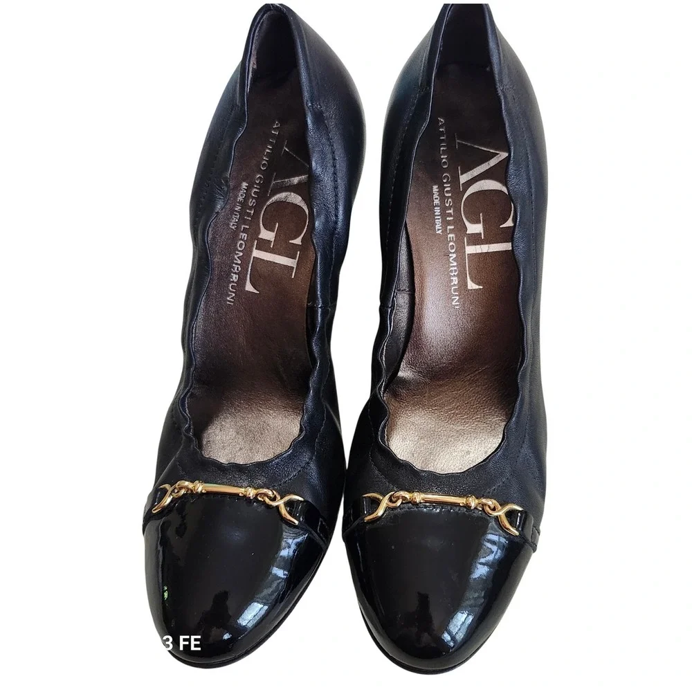AGL Attilio Giusti Leombruni Wedge Pumps Women 36.5 Black Leather Patent Cap Toe
